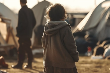 Girl Stands in Front of Tent with Man in the Background