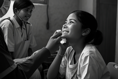 Black and White Image of Asian Nurse Caring for Children