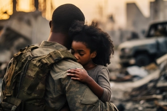 Young African Girl Embraces Fully Equipped Military Soldier