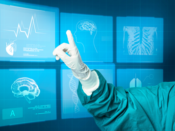 Hand in Medical Glove Pointing Screen with Different Software